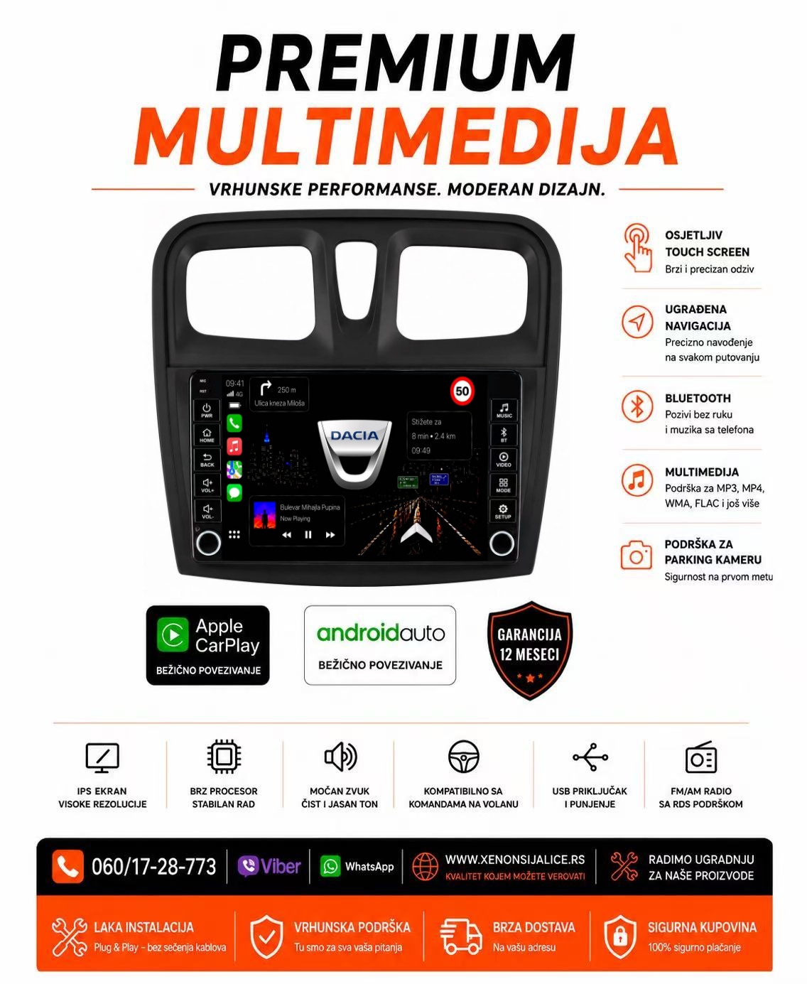 DACIA MULTIMEDIJA ANDROID,CAR PLAY NAVIGACIJA TOUCH SCREEN 10 INCA