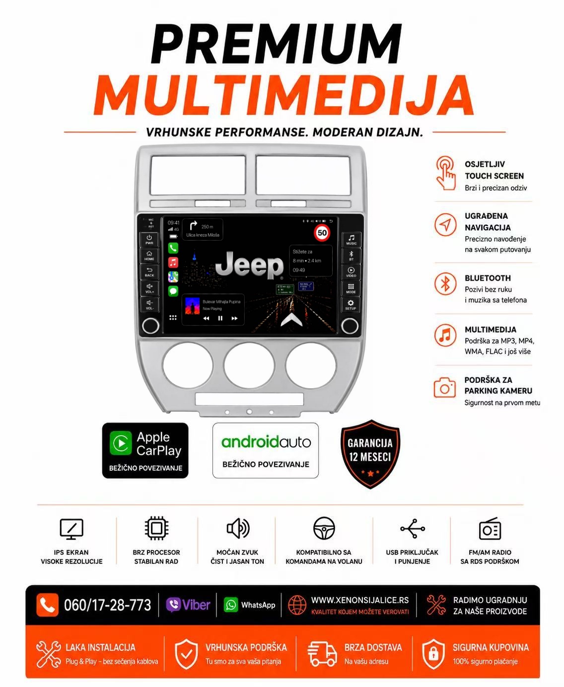 JEEP MULTIMEDIJA ANDROID,CAR PLAY NAVIGACIJA TOUCH SCREEN 10 INCA