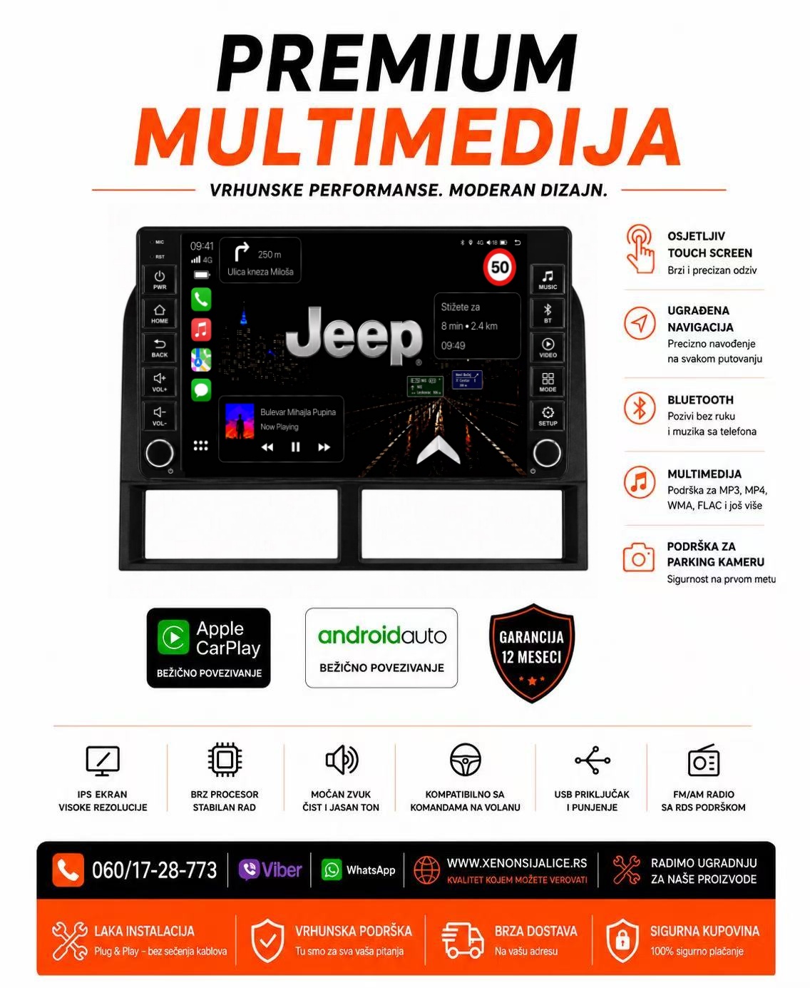 JEEP MULTIMEDIJA ANDROID,CAR PLAY NAVIGACIJA TOUCH SCREEN 10 INCA
