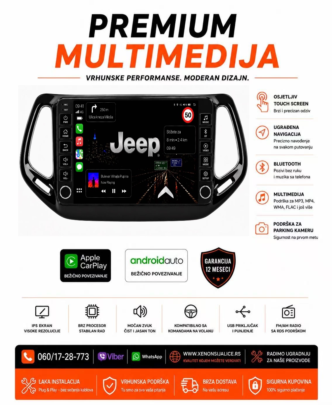 JEEP MULTIMEDIJA ANDROID,CAR PLAY NAVIGACIJA TOUCH SCREEN 10 INCA
