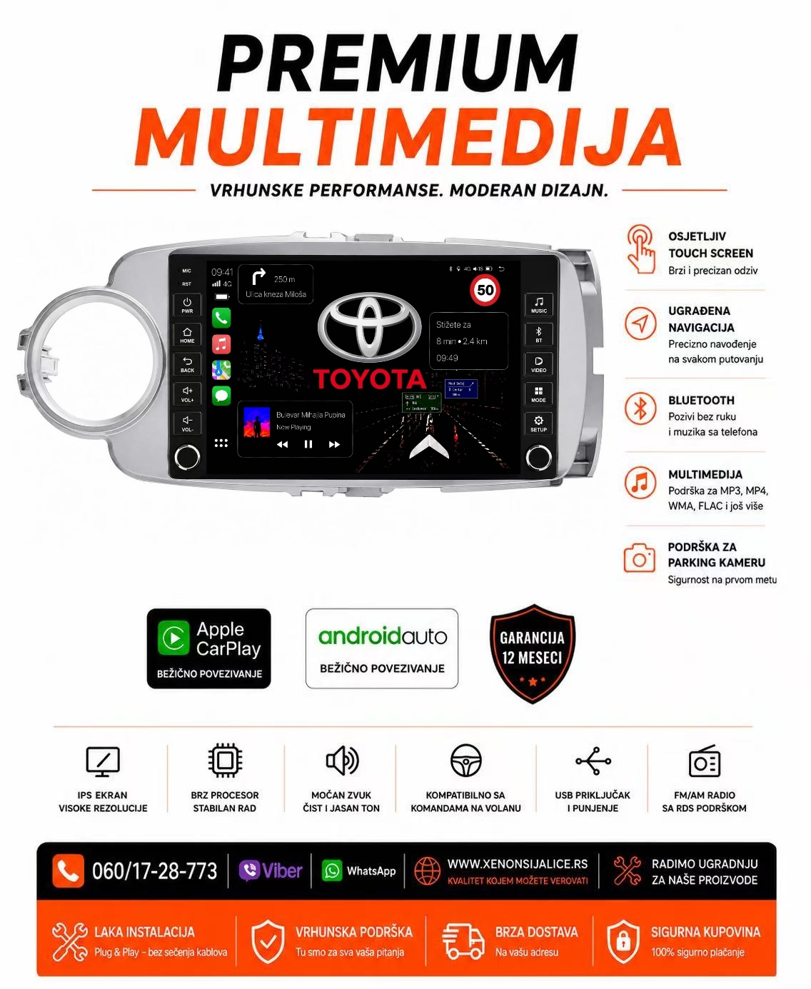 TOYOTA YARIS NOVI TIP MULTIMEDIJA ANDROID,CAR PLAY NAVIGACIJA TOUCH SCREEN 10 INCA