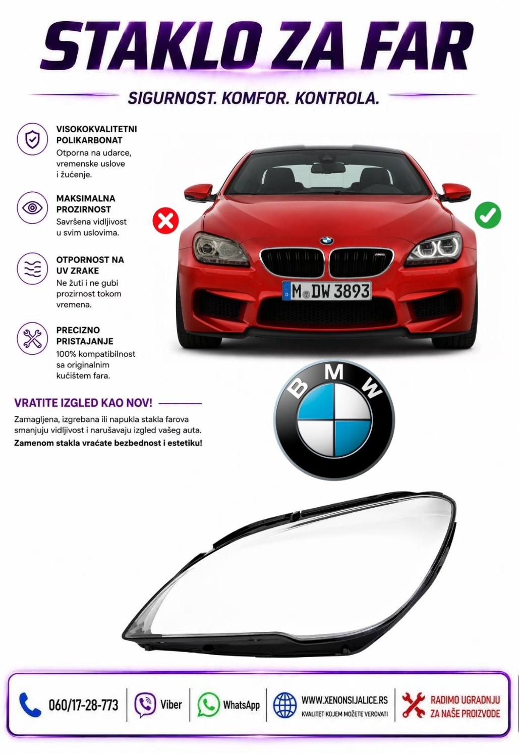 STAKLO FARA BMW 6 F12/F13 15-18 STAKLO ZA FAR