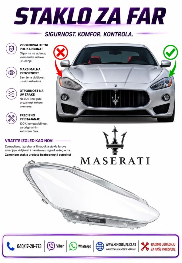 STAKLO FARA MASERATI GRANTURISMO 08-12 STAKLO ZA FAR