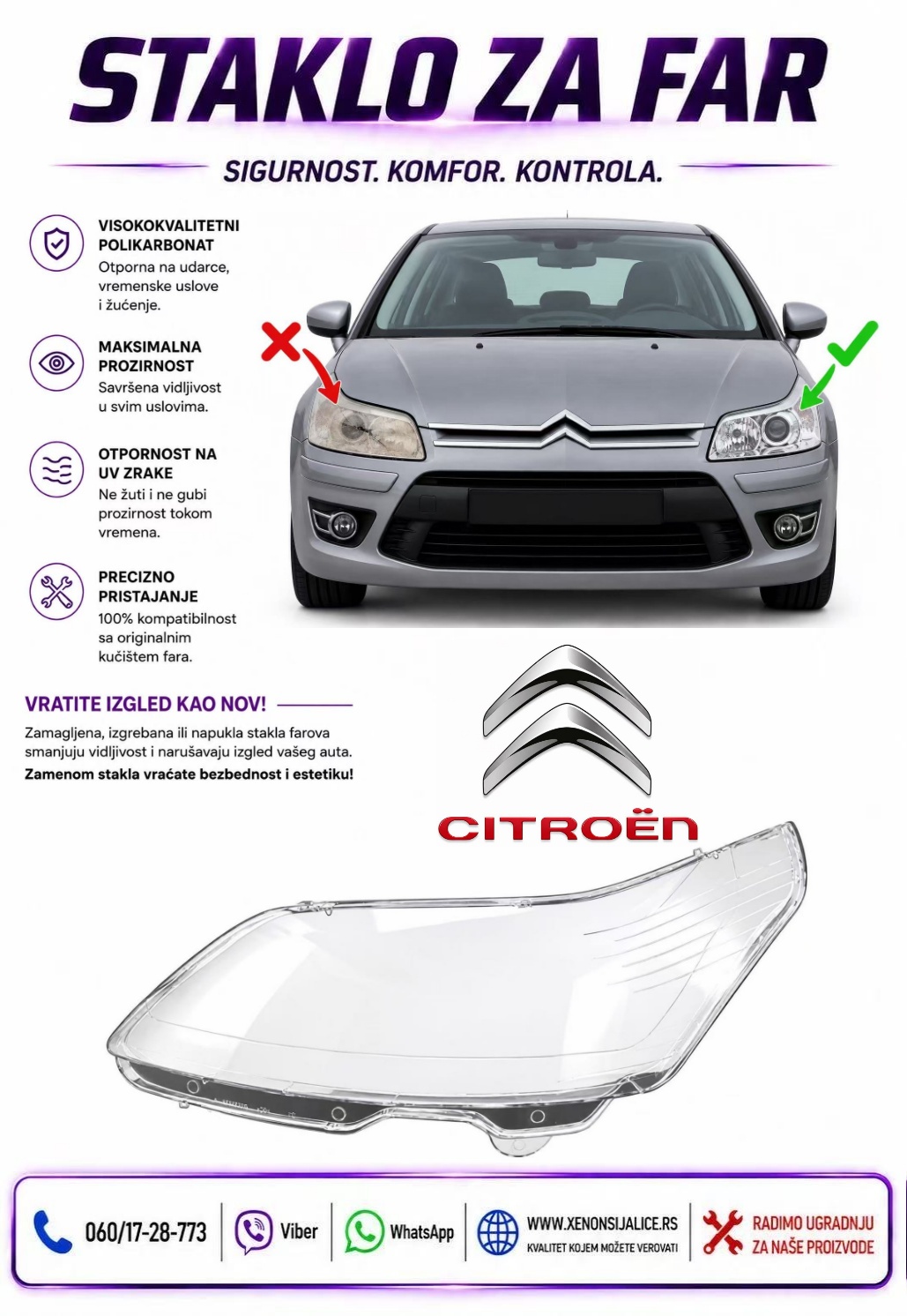 STAKLO FARA CITROEN C4 08-11 STAKLO ZA FAR