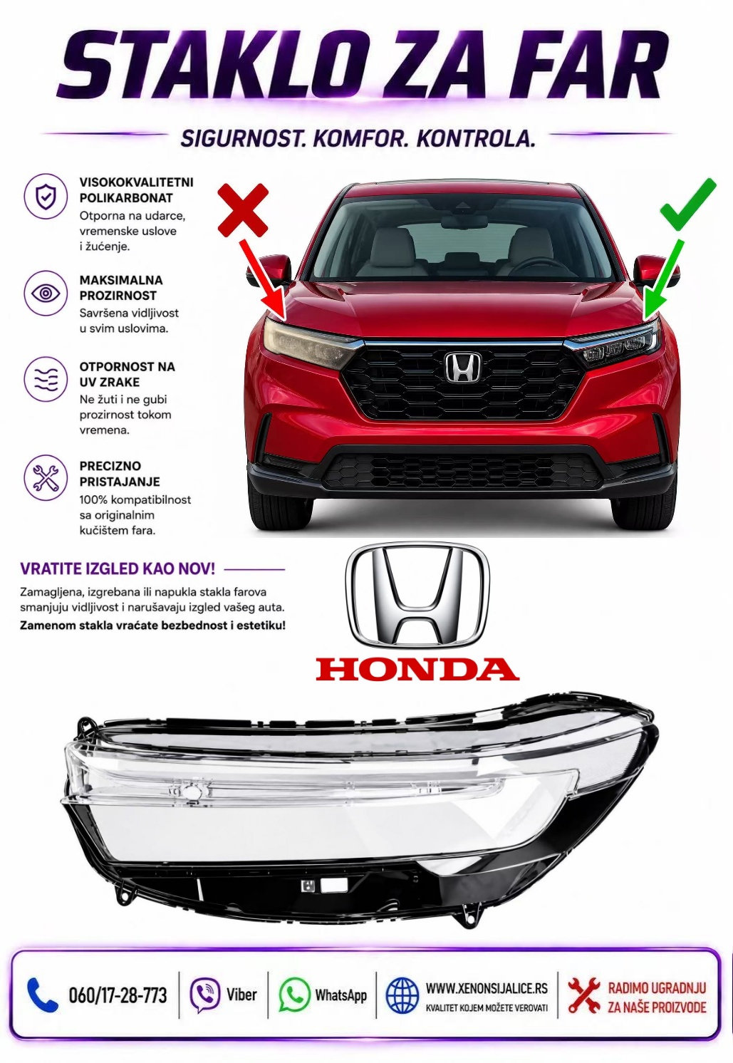 STAKLO FARA HONDA CRV 21-25 STAKLO ZA FAR