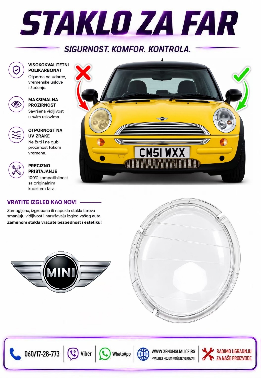 STAKLO FARA MINI MORIS R50 R52 R53 01-06 STAKLO ZA FAR