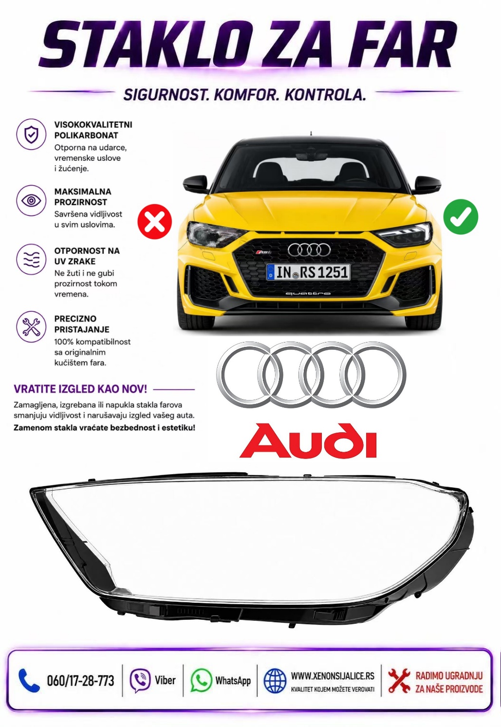 STAKLO FARA AUDI A1 19-23 STAKLO ZA FAR