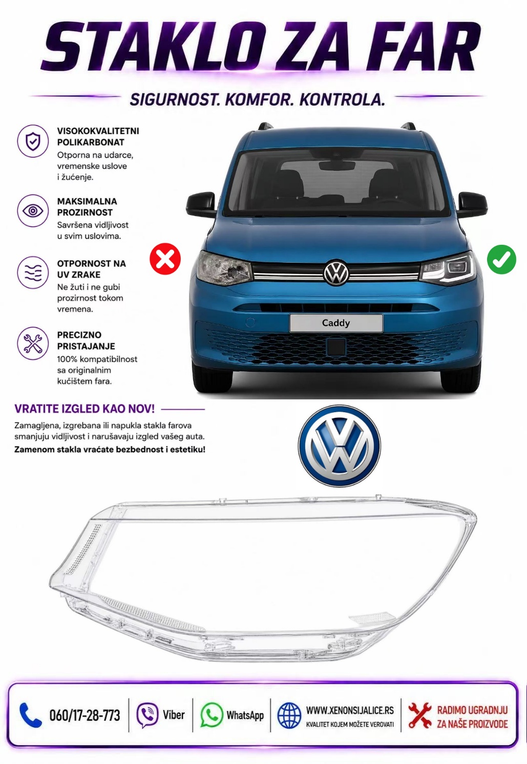 STAKLO FARA VW CADDY 20-24 STAKLO ZA FAR