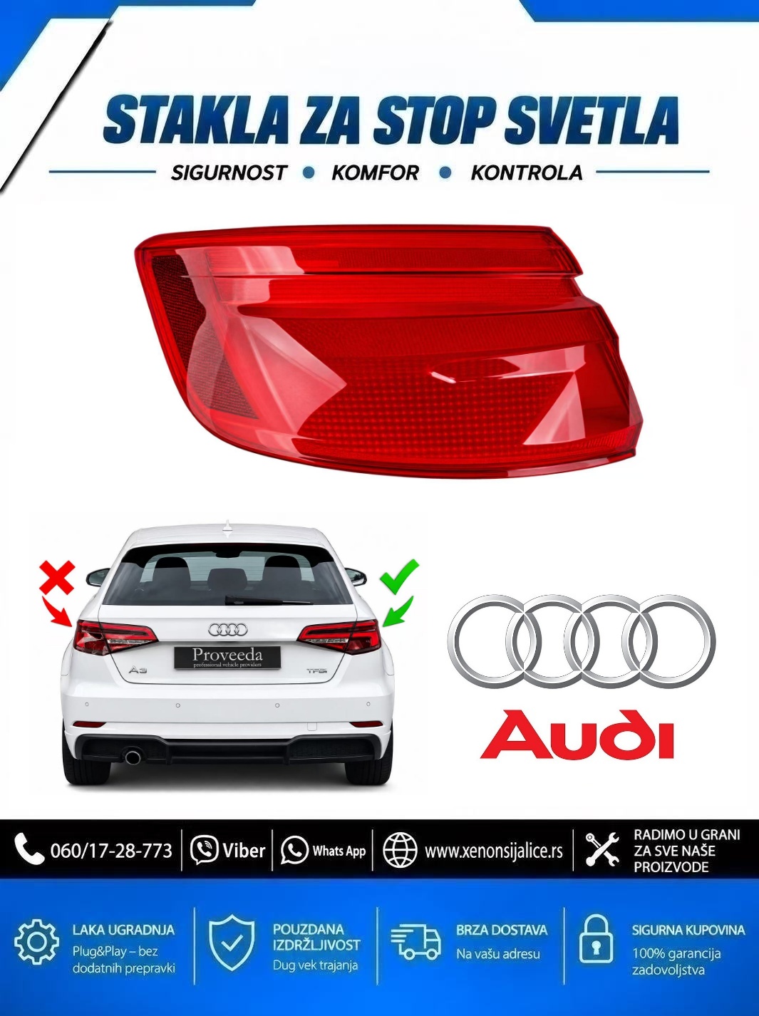 STAKLO ZA STOP SVETLO SPOLJNO AUDI A3 15-19 HATCHBACK